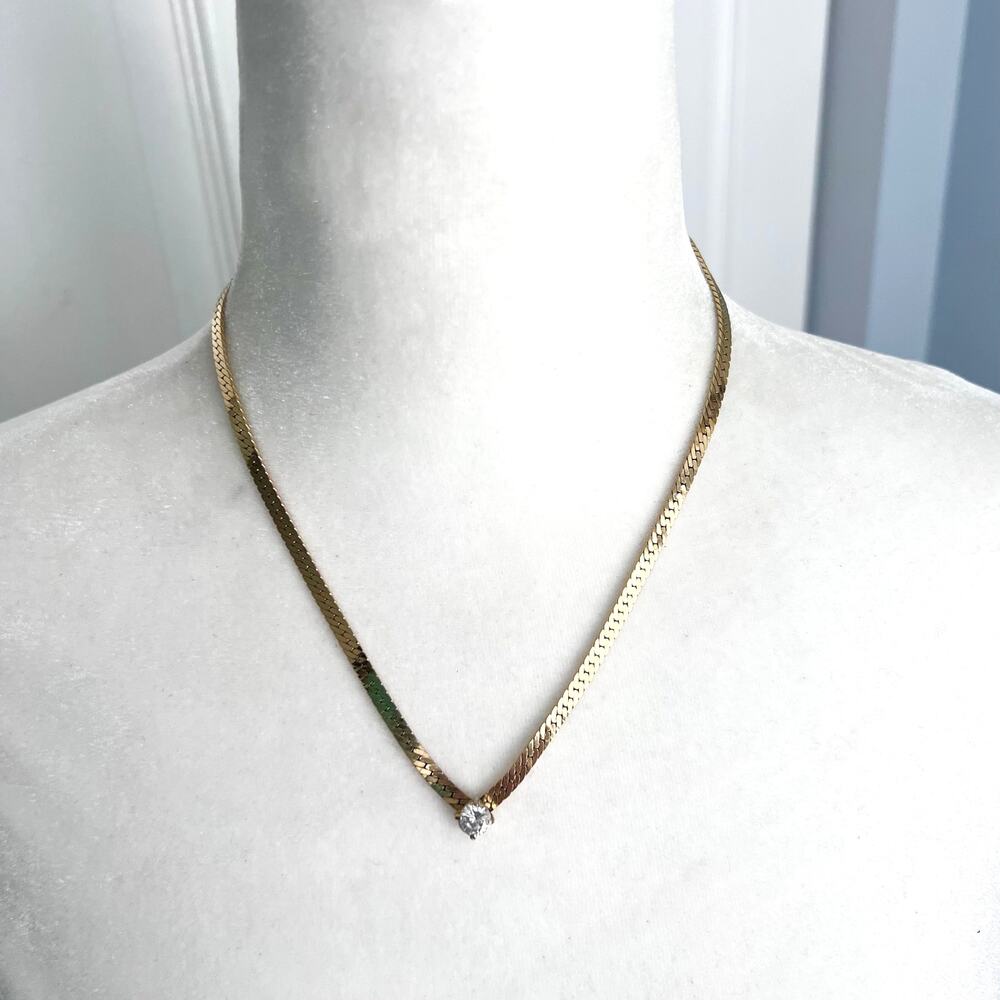 Gold tone herringbone rhinestone or cz elegant v-neck necklace